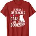 Easily Distracted by Cats and Books - Cat & Book Lover,Short Sleeve T-Shirt (Red, XXL)