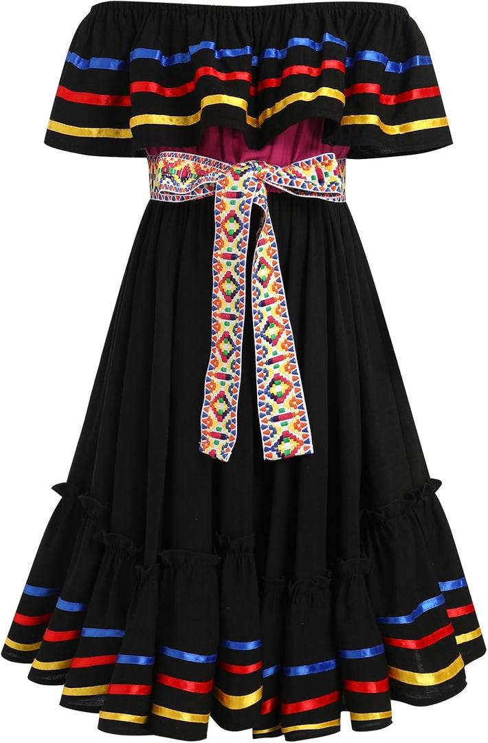 Mexican Dress for Girls Floral Embroidered Traditional Mexican Folklorico Dress Toddler Cinco de Mayo Fiesta Party Dresses (4-5T, Black)