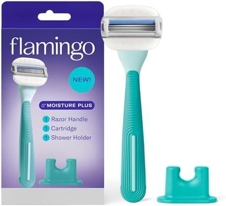 Flamingo Moisture Plus Women's Razor Set - No Shave Gel Needed - 1 Razor Handle, 1 Blade Refill, Shower Holder - Seafoam