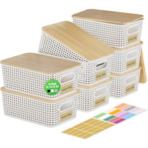 8 Pack Plastic Storage Bins with Bamboo Lids - Stackable Storage Baskets with Lids for Pantry Organizer and Storage, Small Plastic Stackable Storage Bins for Shelves, Office, Cabinet &Pantry,Nursery