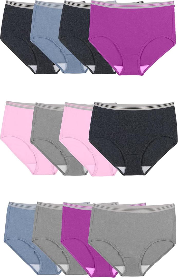 Fruit of the Loom Women's Eversoft Cotton Underwear Multipacks, Tag Free & Breathable, (10, Brief - Grey/Pink/Blue)
