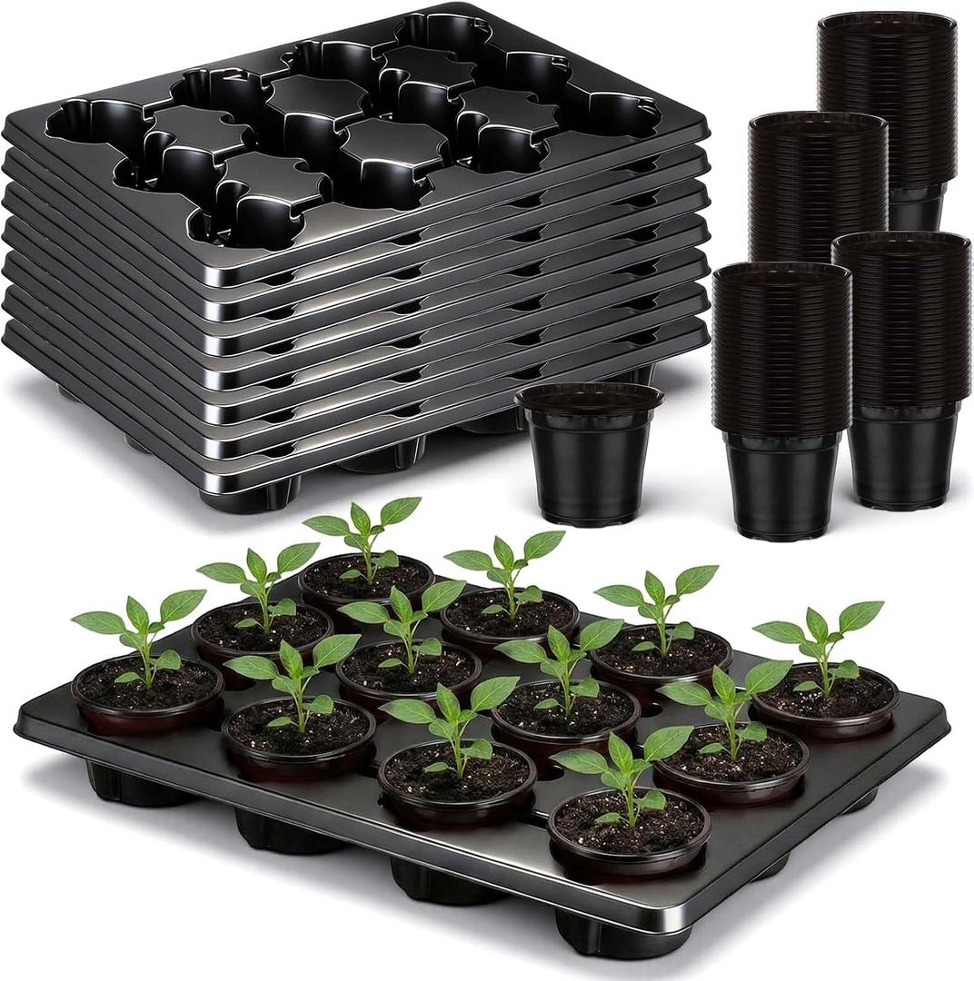 96 Pcs 4 inch Seedling Pots and 8 Pcs 12 Cell Reusable Plastic Nursery Pots Trays Thick Sturdy Seeds Starting Germination Carrying Trays Black Small Planter Nursery Propagation 8 Sets(Black)