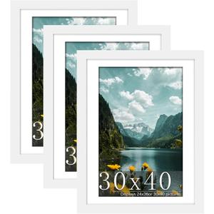 Picrit 30x40 Picture Frame 3 Pack, White Poster Frame, Display Poster 24 x 36 with Mat or 30 x 40 without Mat for Horizontal or Vertical Wall Mounting, White, 30x40