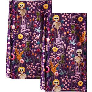Flour Sack Halloween Kitchen Towels - Halloween Towels Kitchen Set of 2 18x26 Inch Holiday Theme Dish Towel for Home Decoration, Absorbent Hand Towel with Hanging Loop, Purple Skeleton