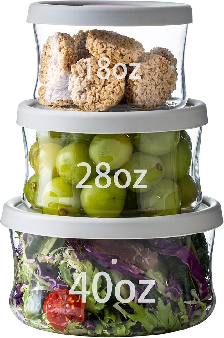 Glass Food Storage Containers with Lids, Leak-Proof BPA Free Round Glass Containers with Lids for Storage soups and leftovers - Microwave, Dishwasher, Freezer Safe (Gray 3PCS)