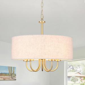 5 Lights Drum Chandelier Gold Farmhouse Chandelier with Shades 19" Large Pendant Light Fixtures Hanging Brass Round Chandeliers for Bedroom Dining Room Over Table Living Room Foyer Kitchen Island