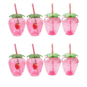 DOITOOL Strawberry Cups 8-Pack Plastic Drinking Mugs with Lids and Straws 16.9 Oz Portable Strawberry Shape Cups for Summer Pool Parties and Hawaiian Birthday Events