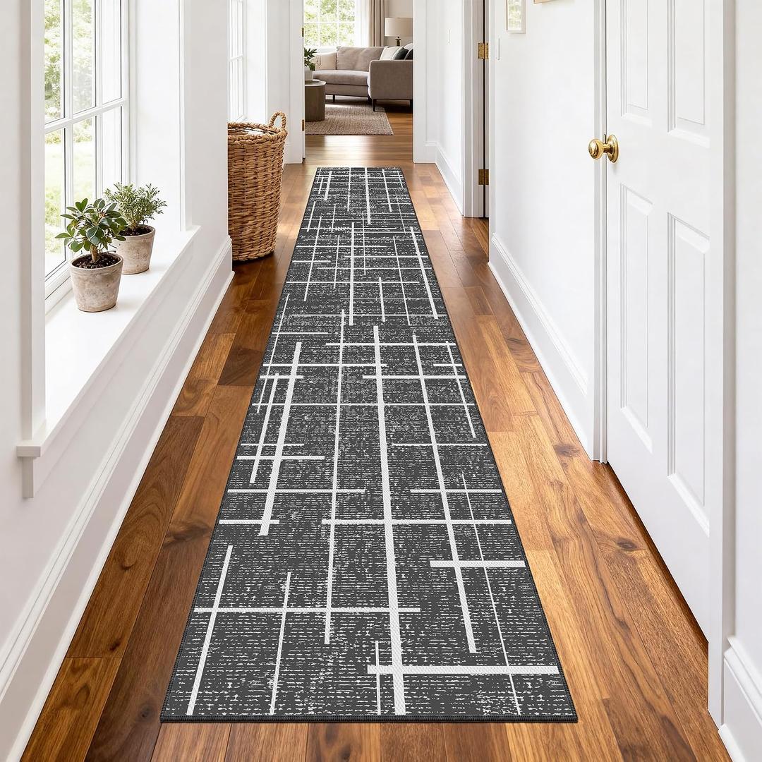 Non Slip Hallway Runner Rug 2.6x12, Modern Distressed Stripe, Washable Extra Long Rug, Woven Thin Low Pile Carpet Runners for Hallway 12ft Entryway, Kitchen, Walkway- Gray