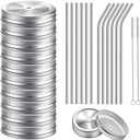 26 PCS Regular Mouth Mason Jar Lids With Straw Hole - 70MM Canning Caps for Drinking and Food Storage, Silver Tinplate With Silicone Ring, Straws, and Cleaning Brush