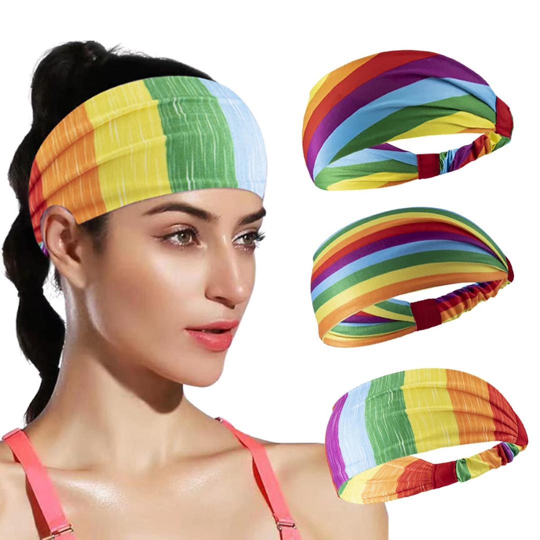 2 x DIUEWOW Gay Pride Headbands Rainbow Women Headwraps Elastic Wide Head Band Supplies Workout for Party Pride Parade Sports Running Stretchy Twisted Hair Band 3 Pieces
