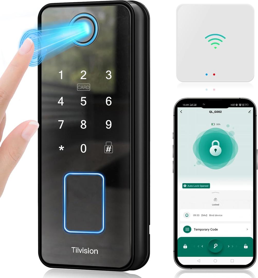 WiFi Smart Door Lock,Keyless Entry Deadbolt with App Control, Gateway, Touchscreen Keypad - Auto Lock & IP65 Waterproof - Fingerprint Door Lock for Front Door,Home,Office