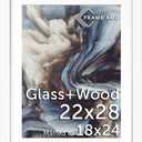 Frame Amo 22x28 White Solid Wood Poster Frame, White Mat for 18x24 Image, Tempered Glass Front, 1.5 inch Wide, 1 inch Thick