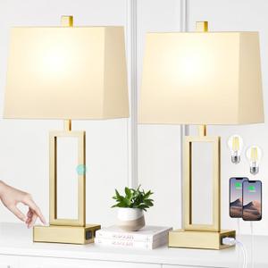 Touch Control Table Lamps Set of 2, Modern Gold Bedside Lamps with USB A+C Ports & AC Outlet, 3 Way Dimmable Contemporary Nightstand Lamps for Bedroom Living Room(LED Bulb Included)