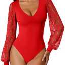 Avidlove Womens Long Sleeve Bodysuit Double Lined V Neck Lace Puff Sleeves Going Out Top Shirts Thong Leotard Body Suit S