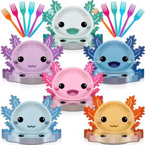 Zhehao 60 Sets Axolotl Shaped Party Supplies Colorful Axolotl Tableware Dinnerware 10 Inch Disposable Paper Plates Forks Cartoon Reptile Animals Decorations for Kids Boys Birthday Girls Favors (Multicolor)