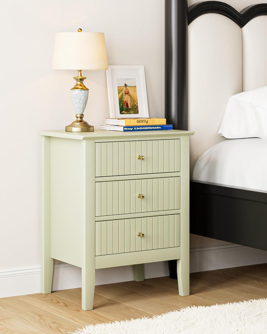 Fluted Nightstand, Farmhouse Night Stand with 3 Drawers, Mid Century Modern Side Accent Table, Bedside End Table for Bedroom, Living Room, Pale Green