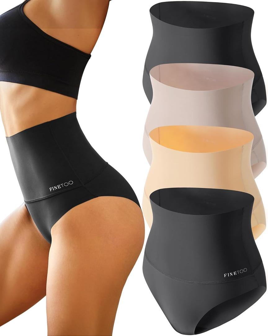 FINETOO Light Tummy Control Underwear Women High Waisted Briefs Plus Size Shapewear Under Dress Ladies Panties S