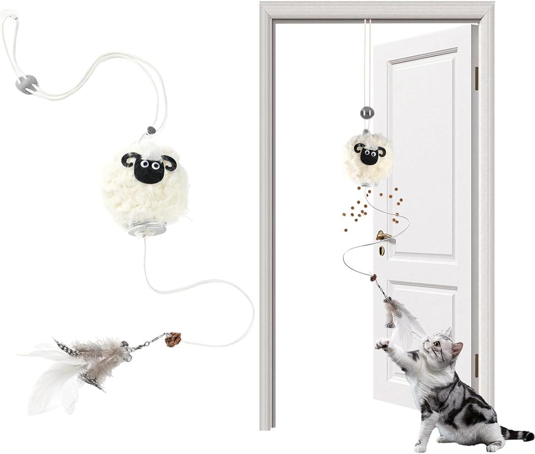 3 x Interactive Cat Toys for Indoor Cats - [2026 New] Elastic Cat Feather Toys with Lamb-Shaped Puzzle Dispenser, Hanging Enrichment Toy that Delivers Joy and Award