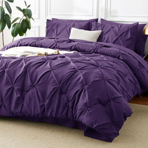 CozyLux King Size Comforter Set Purple, 7 Pieces Pintuck Bed in A Bag Purple Comforter King Size, Pinch Pleat Bedding Set with All Season Comforter, Sheets, Pillowcases & Shams
