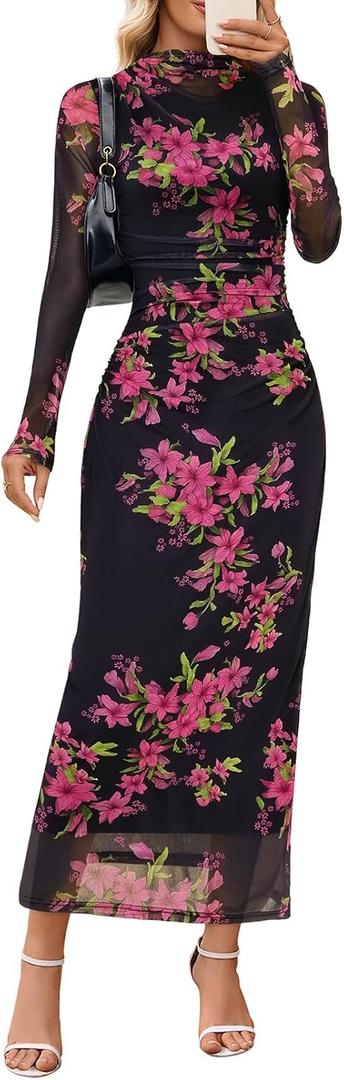 MEROKEETY Women's Spring Wedding Guest Dress 2026 Long Sleeve Bodycon Floral Mesh Fall Cocktail Holiday Party Maxi Dresses (Large, Black)