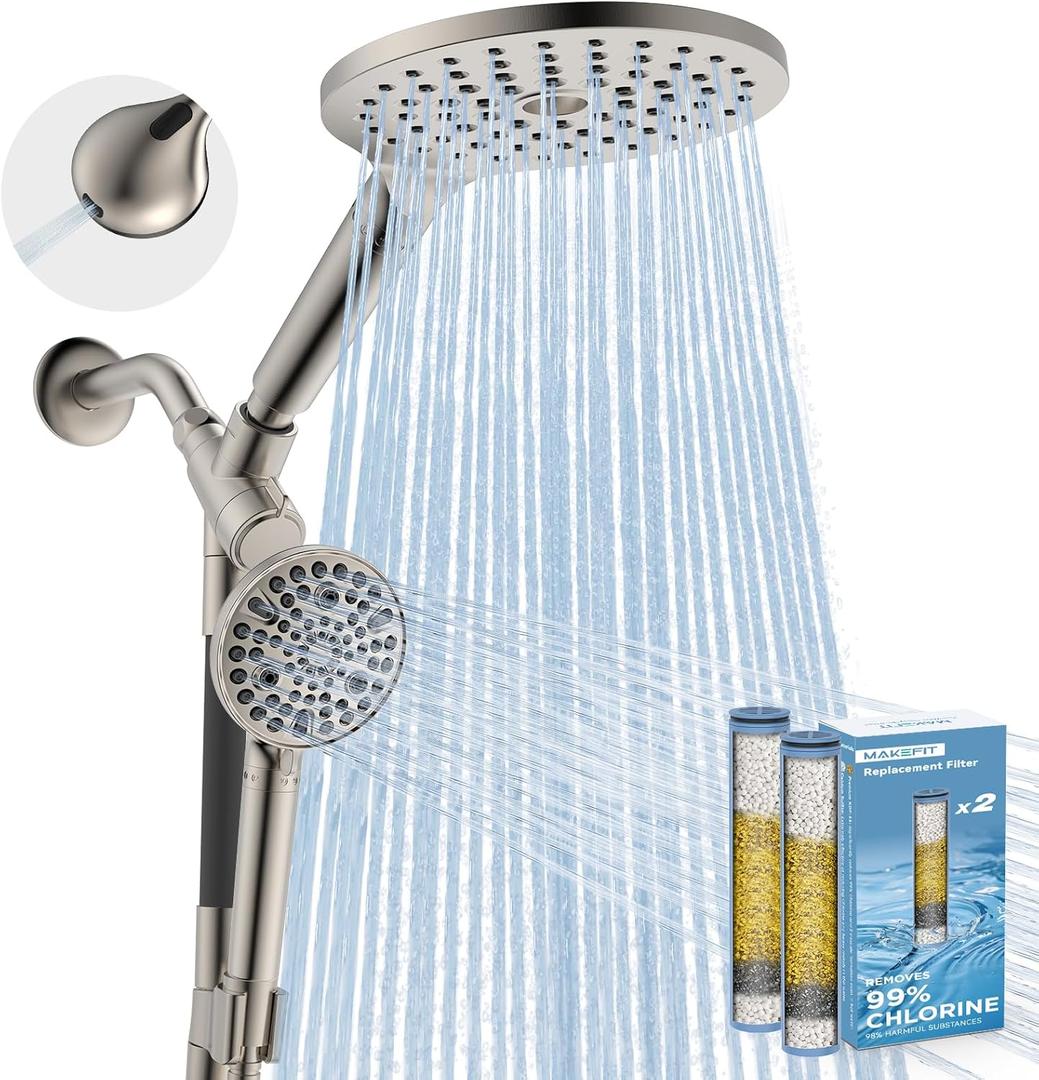 Dual Filtered Rain Shower Head Combo, High Pressure Handheld Shower Head with Adjustable Bar - Rainfall Shower Head And Showerhead with Filter for Hard Water - Removes Chlorine(Brushed Nickel)