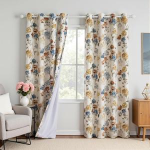 MYSKY HOME Floral Linen 100% Blackout Curtains 84 Inch Length 2 Panels for Living/Dining Room Bedroom Double Layer Thermal Insulated Farmhouse Flower Patterned Grommet Top Drapes, Yellow, 52" W Each
