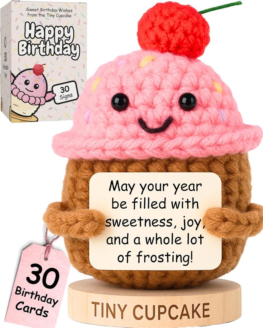 Happy Birthday Gift for Women - Handmade Cupcake Crochet with 30 Swappable Birthday Cards | Cute Bday Gift for Her, Friends, Coworkers, or Teens, for 16th, 21st, 22 Year Old, 30th or 40th Birthdays