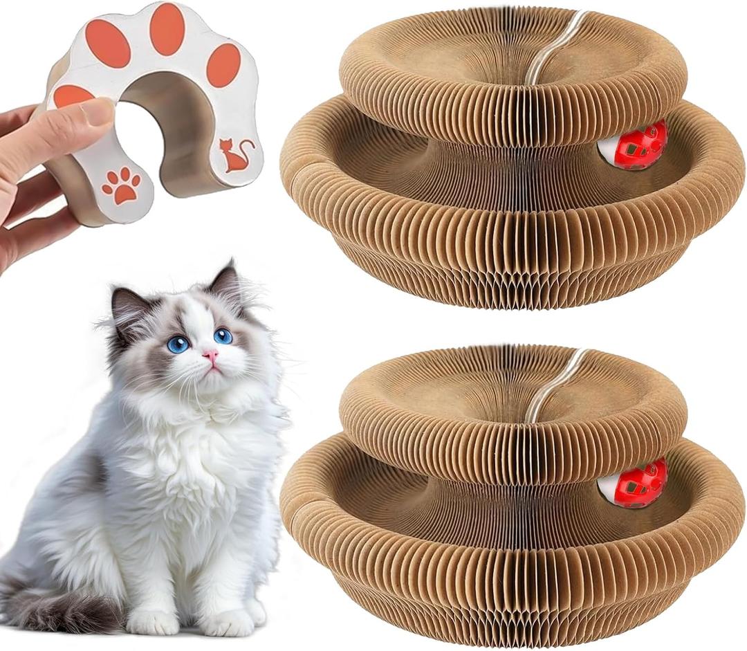 2-Pack Magic Organ Cat Scratching Board  Kitty Kurls Cat Scratcher Toy with Bell Balls for Indoor Cats, Interactive Cardboard Kitty Toy Scratcher, Furniture Protection
