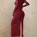 OYOANGLE Women's Floral Lace Slit Back Fishtail Long Dress Square Neck Cocktail Bodycon Dresses (Red, L)