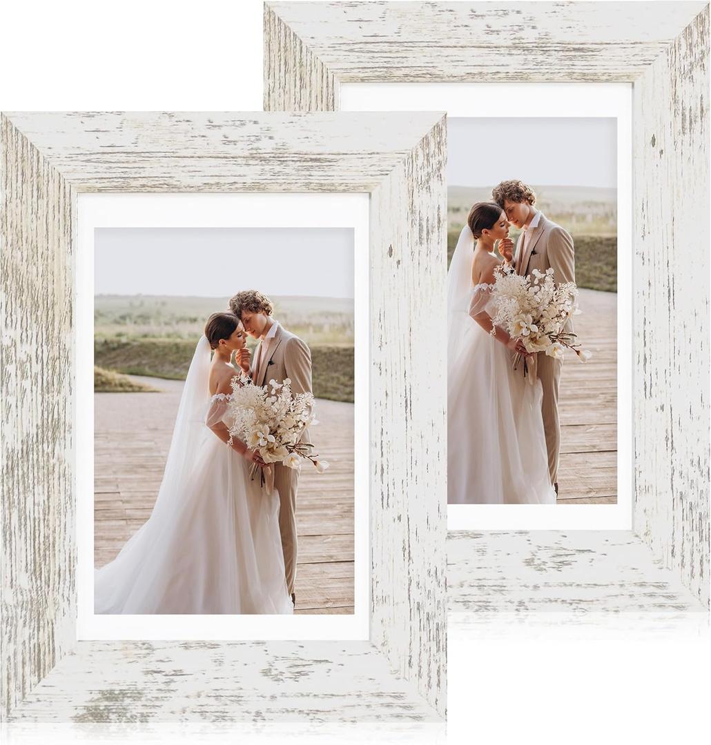 Hongkee 5x7 Picture Frame Set of 2, Made of Real Glass and Distressed White Wooden Frame - Display Pictures 4x6 with Mat or 5x7 Without Mat, 5 by 7 Photo Frame for Wall or Tabletop Display