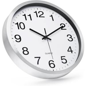 Wall Clock 12 Inch Silver Brushed Finish Silent Non Ticking Indoor Clock Round Battery Operated Stainless Steel Wall Clocks for Home, Office, Hotel, Bedroom, Living Room, Kitchen