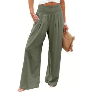 ANRABESS Women Linen Palazzo Pants Summer Boho Wide Leg High Waist Casual Lounge Pant 2025 Beach Travel Vacation Outfits (Large, Olive)