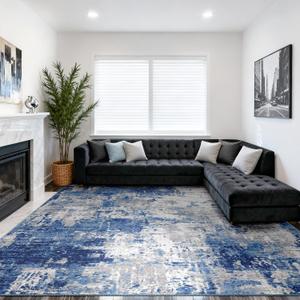 RELEANY Washable Area Rugs 10'x14' Non-Slip Modern Abstract Soft for Living Room Entryway Bedroom Nursery, Print Pattern, Blue Grey Navy Gray