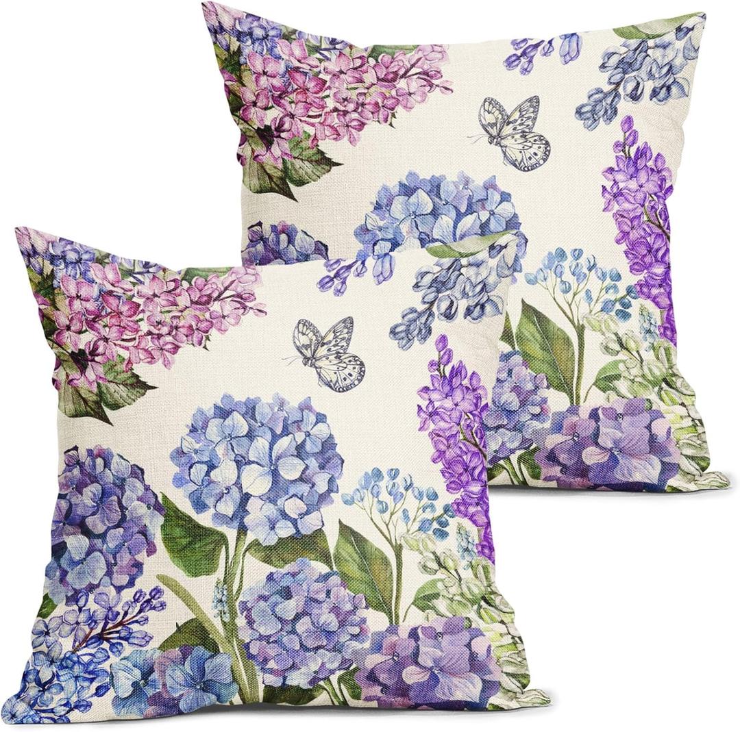 Spring Summer Floral Pillow Covers 18X18 Inch Purple Blue Flowers Bloom Butterfly Decorative Pillow Cases Colorful Throw Pillows Set of 2 Seasonal Farmhouse Home Decor for Sofa Couch Outdoor