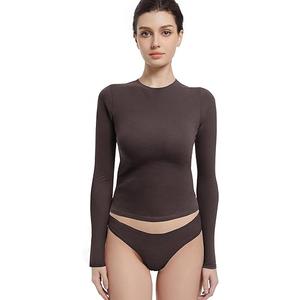 Long Sleeve Shirts for Women Crewneck Basic Tees T Shirts Fitted Crop Tops Y2k Going Out Tops Coffee Small