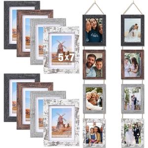 Qunclay 2 Set 5 x 7 Wall Hanging Picture Frames Collage with 8 Openings, Rustic Picture Frames Multiple for Friend Family Wedding Photos, Farmhouse Decor, Wedding Housewarming Birthday Gifts