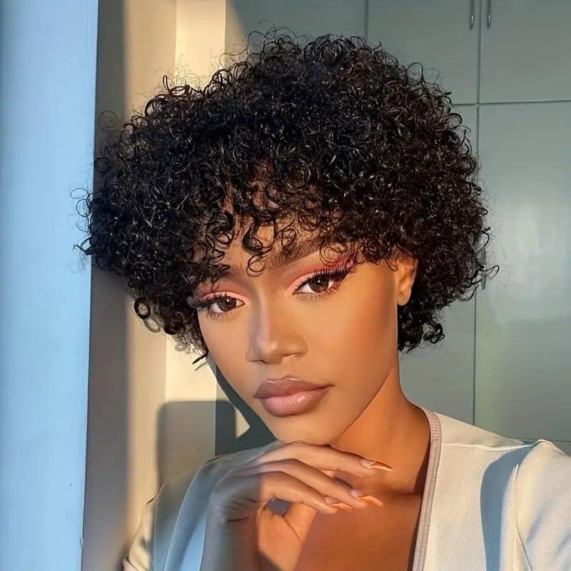 Breathable Glueless Afro Curly Wigs Human Hair with Bangs Short Natural Curls for Women Non Lace Front Lightweight Daily Wear (Black,6inch)