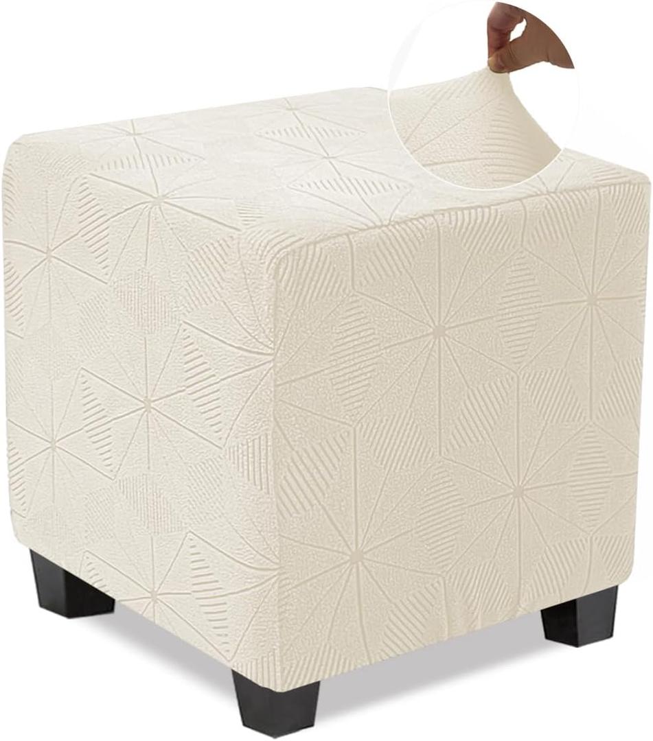 NeColorLife Small Square Ottoman Cover, Stretch Knitted Jacquard Slipcover for Footstool Storage Ottoman, Soft Elastic Furniture Protector, Beige, 1PC
