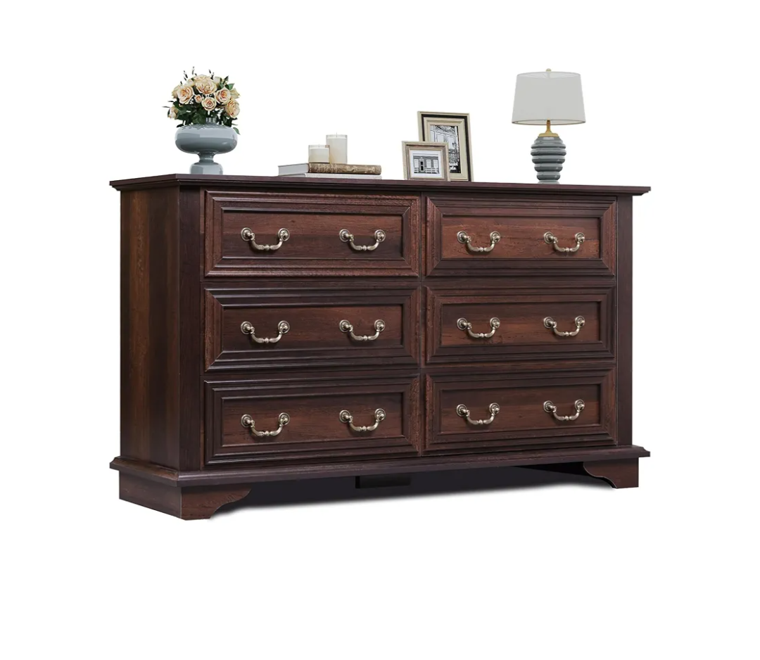 WLIVE Wood Dresser for Bedroom with 6 Drawer, 51.97'' Wide, Farmhouse Long Storage Dresser Organizer with Roman Metal Handle, TV Stand for 60 inch TV, Chest of Drawers for Living Room, Hallway, Brown