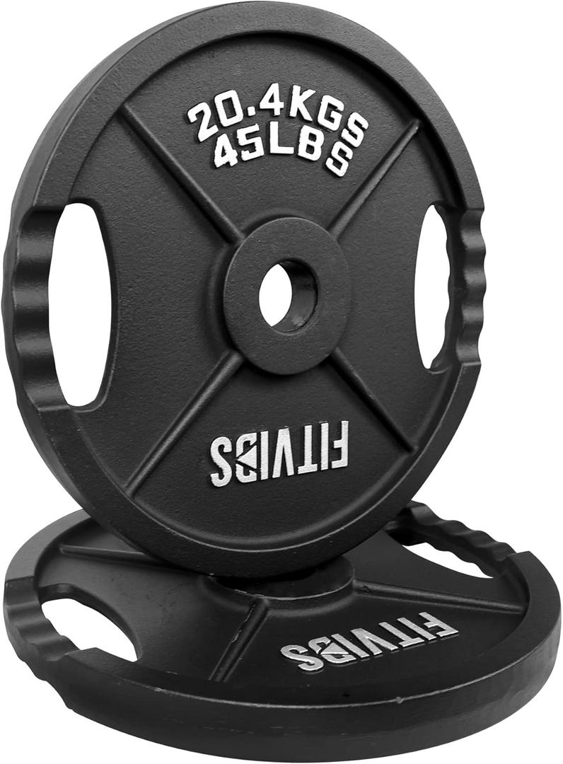 Fitvids Olympic Cast Iron Plate for Strength Training and Weightlifting, Pairs, Sets or Set with Barbell, Multiple Sizes (Two Hole Vintage)