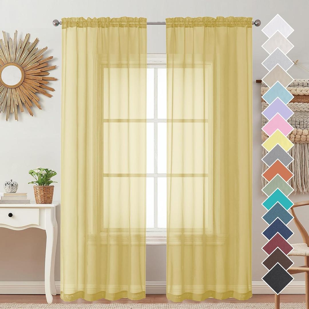 OVZME Mustard Yellow Sheer Curtains 96 Inches Long 2 Panels, Solid Lightweight & Airy Gauzy Window Treatments with Light Filtering for Bedroom, Dual Rod Pocket, Each 42W x 96L