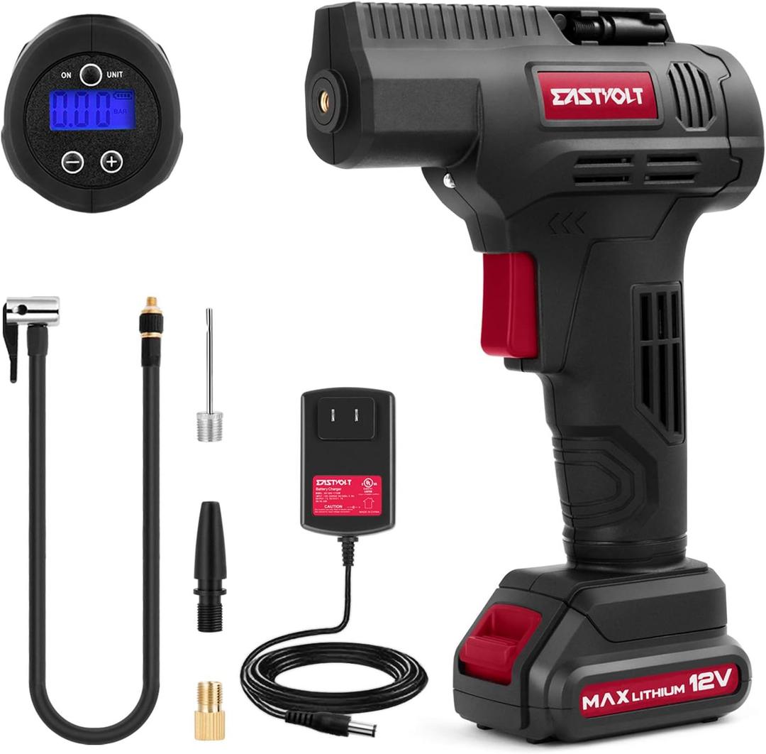 Eastvolt 12V Tire Inflator Air Compressor, Multi-Purpose Electric Power, Max 150PSI with 4-Unit Measurement Gauge, 3 Nozzles, Fast Charger and 1.5 Ah Rechargeable Battery