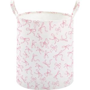 TECHMILLY Large Storage Basket for Girls and Boys, Collapsible Laundry Hamper with Long Handles, Toy Bins for Nursery, Kids Room Dcor (Bowknot)