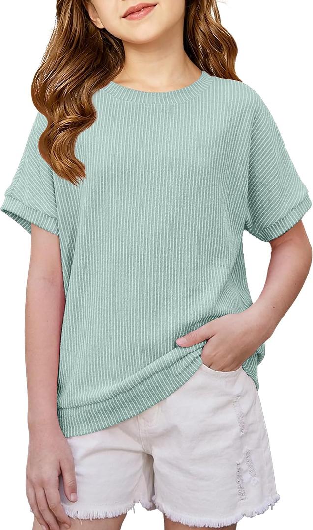 Girls Oversized Tees Textured Loose T-Shirt Short Sleeve Crewneck Summer Tops for Teen Girls Size 11-12Y Light Green