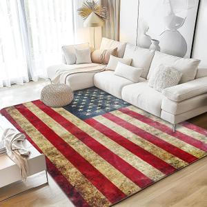 Vintage American Flag Area Rugs 5x7 Washable Area Rugs for Living Room Throw Large Bedroom Kitchen Rug Non-Slip Low-Plie Entryway Rug Floor Mat Carpet for Dining Laundry Room Office