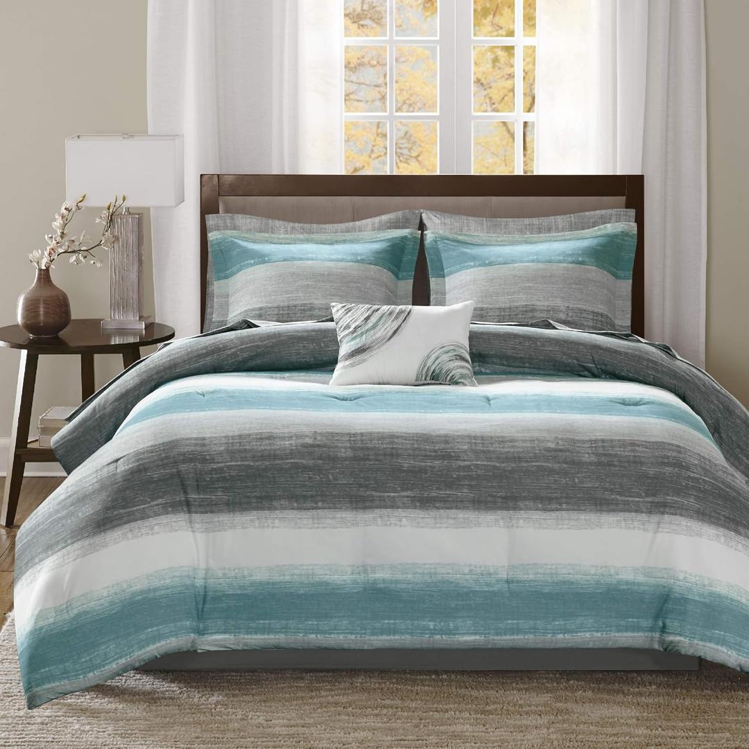 Madison Park Essentials Full Comforter Set, Bed in a Bag Full, Watercolor Print Coastal Comforter & Chambray Cotton Sheet Set, All Season Bedding Set, Saben, Aqua Full (78 in x 86 in) 9 Piece