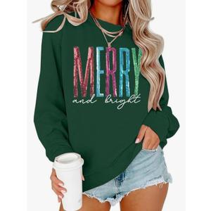 Merry and Bright Sweatshirt Women Merry Christmas Letter Print Long Sleeve Sweater Xmas Crewneck Pullover Casual Blouse Tops, Medium