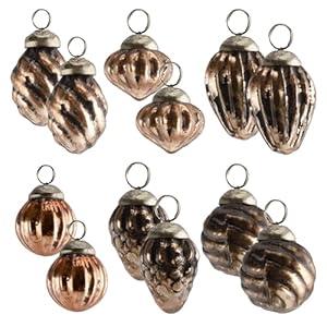 AuldHome Mercury Glass Finial Ornaments (Set of 12, Copper, Small); Distressed Metal Antique Style Christmas Tree Decorations; 1.3 to 2-Inch Size