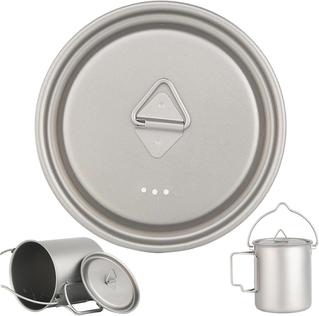 Titanium Cup Lid 4Inch Universal Titanium Mug Lid Portable Camping Pot Lid with Foldable Handle & Vent Hole Sturdy Backpacking Mug Cup Lid for Camping Kitchen, Backpacking Mug, Only Cup Lid