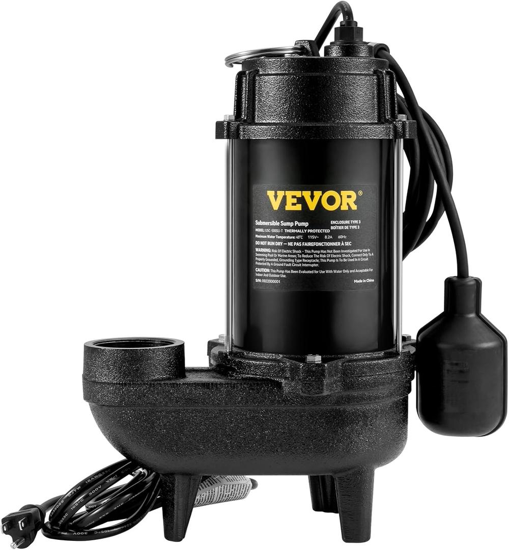 VEVOR 3/4 HP Submersible Sewage Pump, Cast Iron Submersible Sump Pump, Wear-proof Cast Iron Construction, with Tethered Float Switch, 10 FT Power Cord